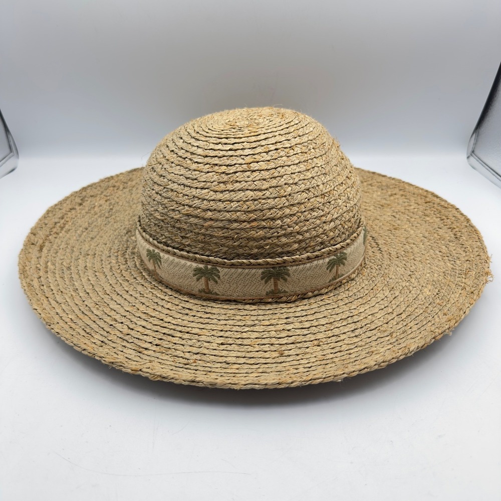 Scala Collection Straw Sun Hat Tan Wide Brim Palm Tree Embroidered Band Coastal